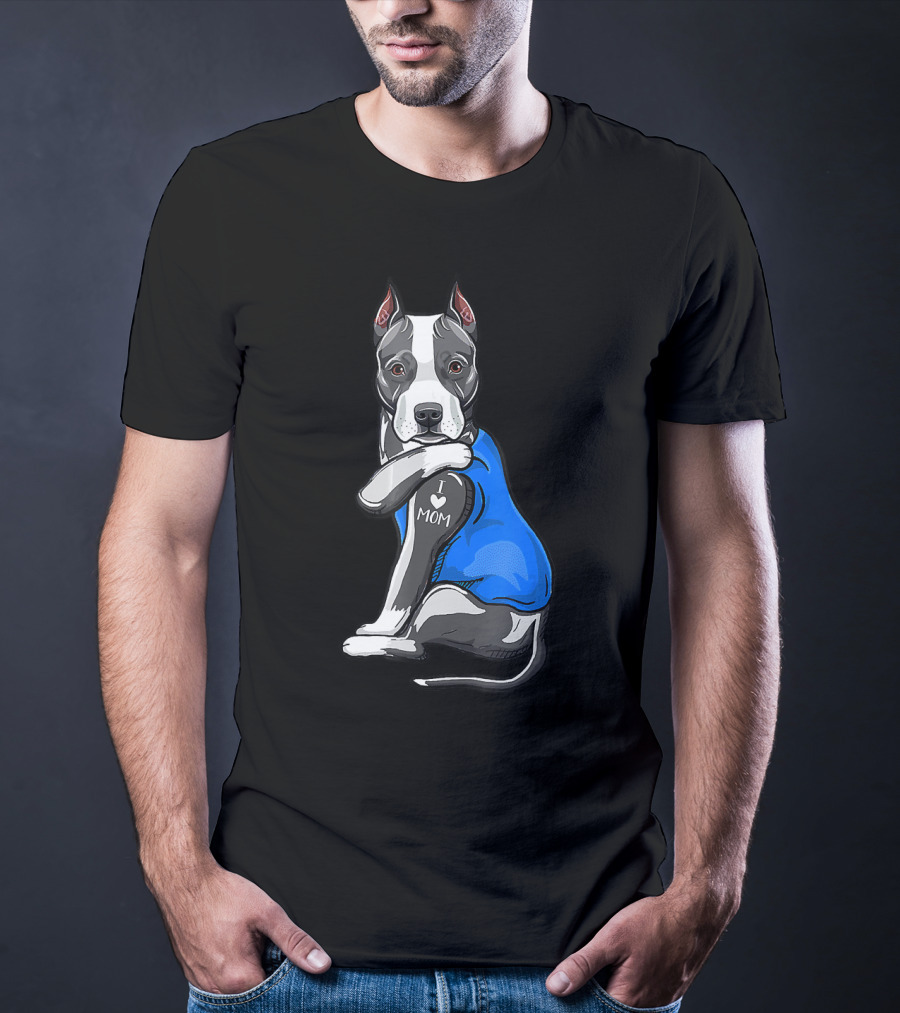 Pit Bull Dog I Love Mom Tattoo Blue T-Shirt