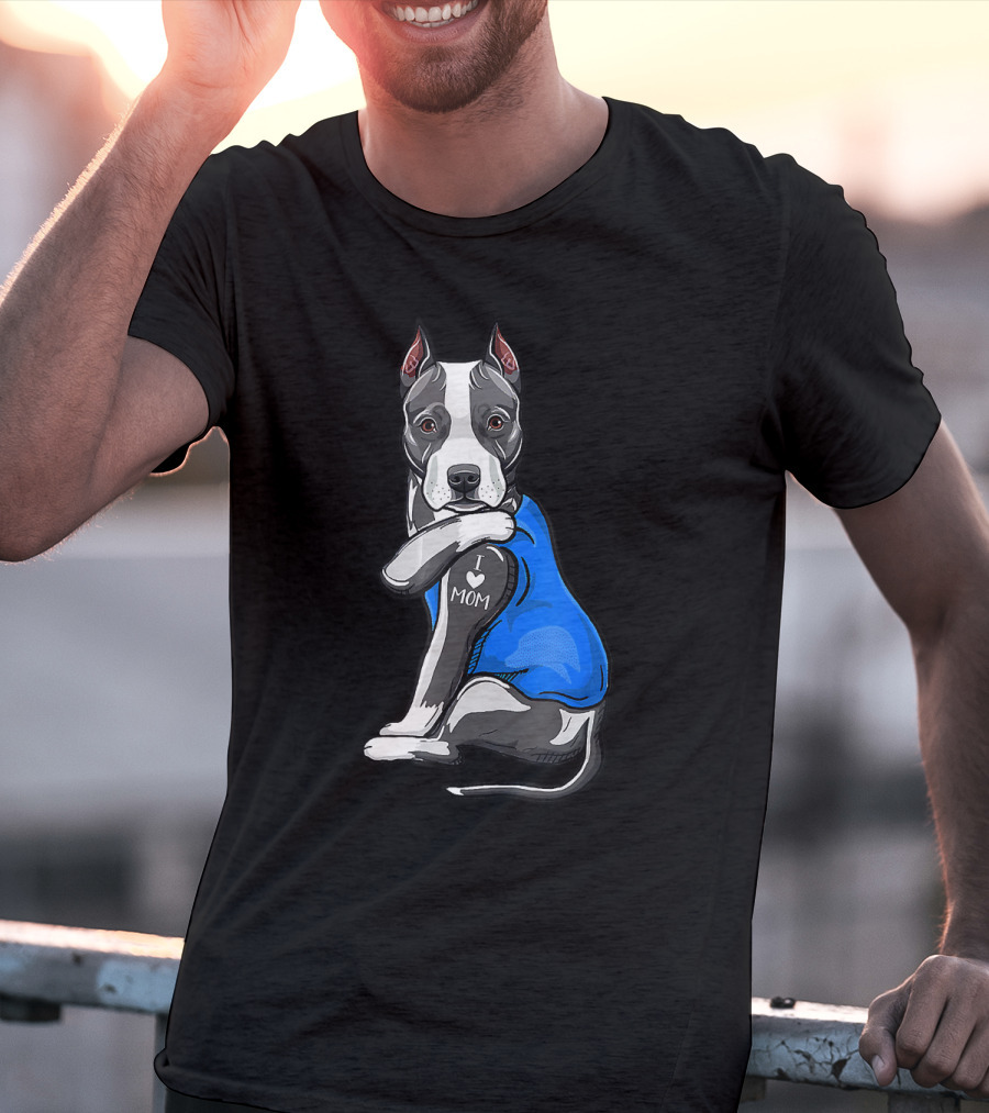 Pit Bull Dog I Love Mom Tattoo Blue T-Shirt