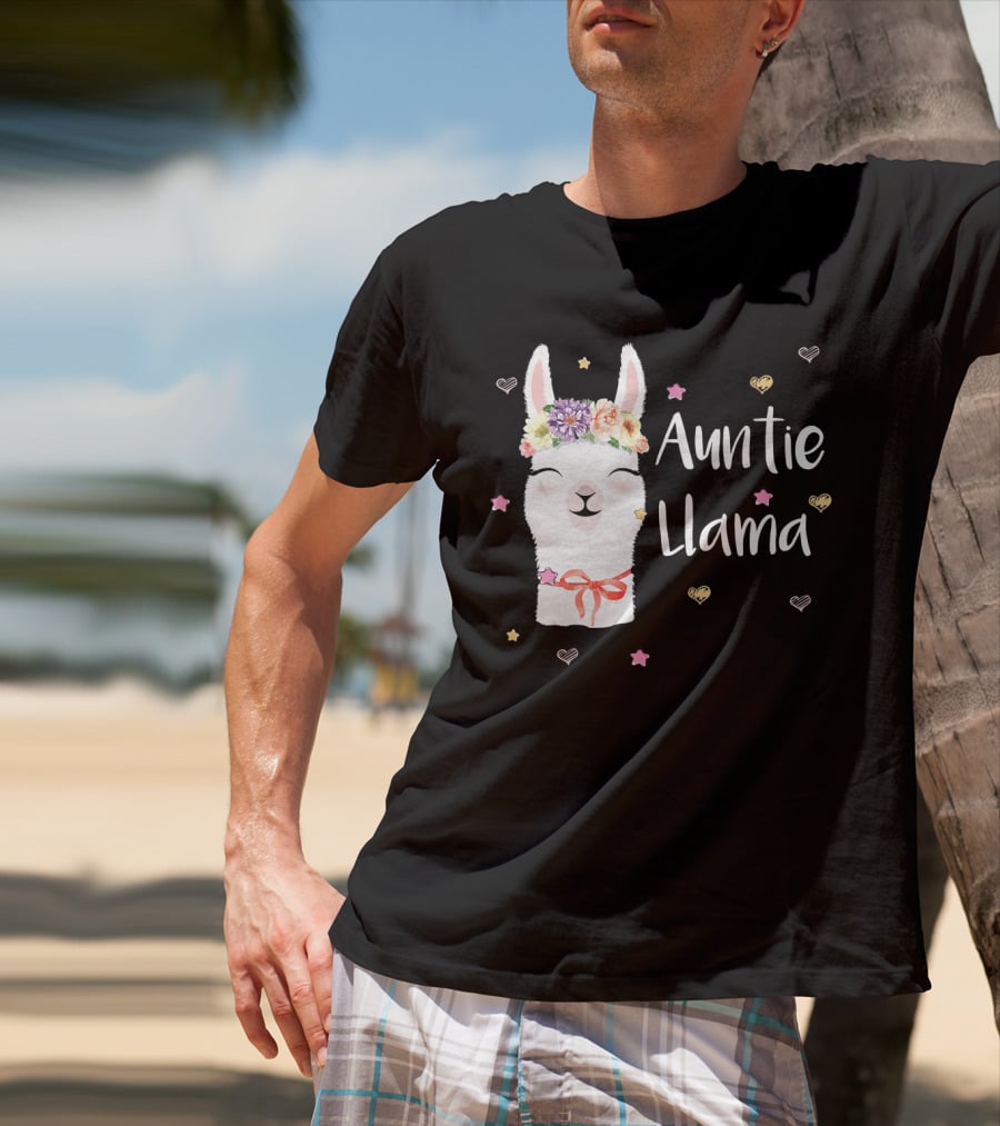 Auntie Llama Cute Floral Crown And Stars For Llama Lovers T-Shirt
