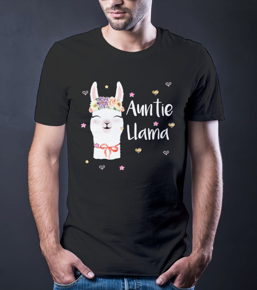 Auntie Llama Cute Floral Crown And Stars For Llama Lovers T-Shirt
