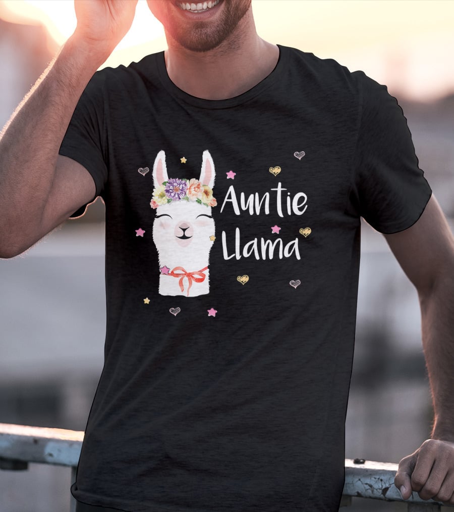 Auntie Llama Cute Floral Crown And Stars For Llama Lovers T-Shirt