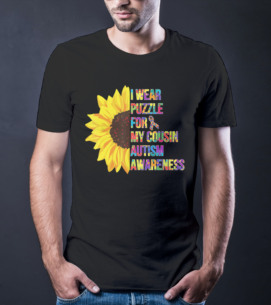I Wear Puzzle For My Cousin Autism Awareness Sunflower T-Shirt