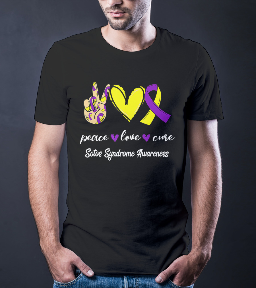 Peace Love Cure Yellow Heart Purple Ribbon Sotos Syndrome Awareness T-Shirt