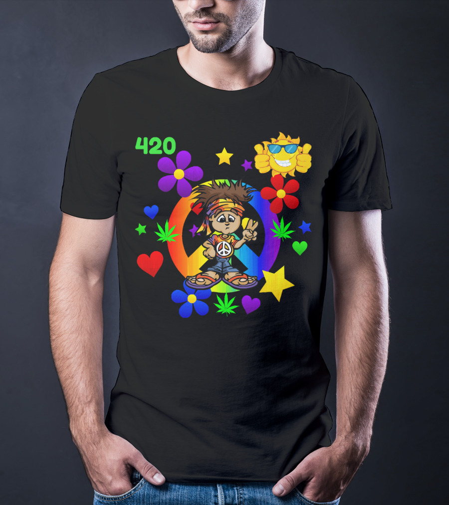 420 Peace Sign Hippie Cartoon With Sun And Colorful Flowers T-Shirt