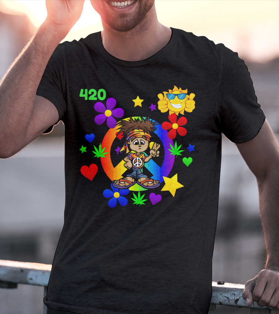 420 Peace Sign Hippie Cartoon With Sun And Colorful Flowers T-Shirt