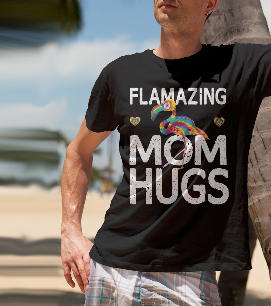 FLAMAZING MOM HUGS Colorful Rainbow Flamingo Hearts T-Shirt