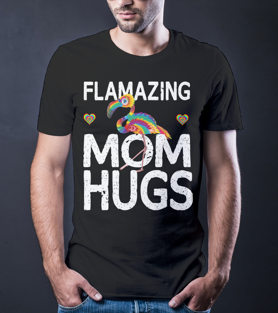 FLAMAZING MOM HUGS Colorful Rainbow Flamingo Hearts T-Shirt