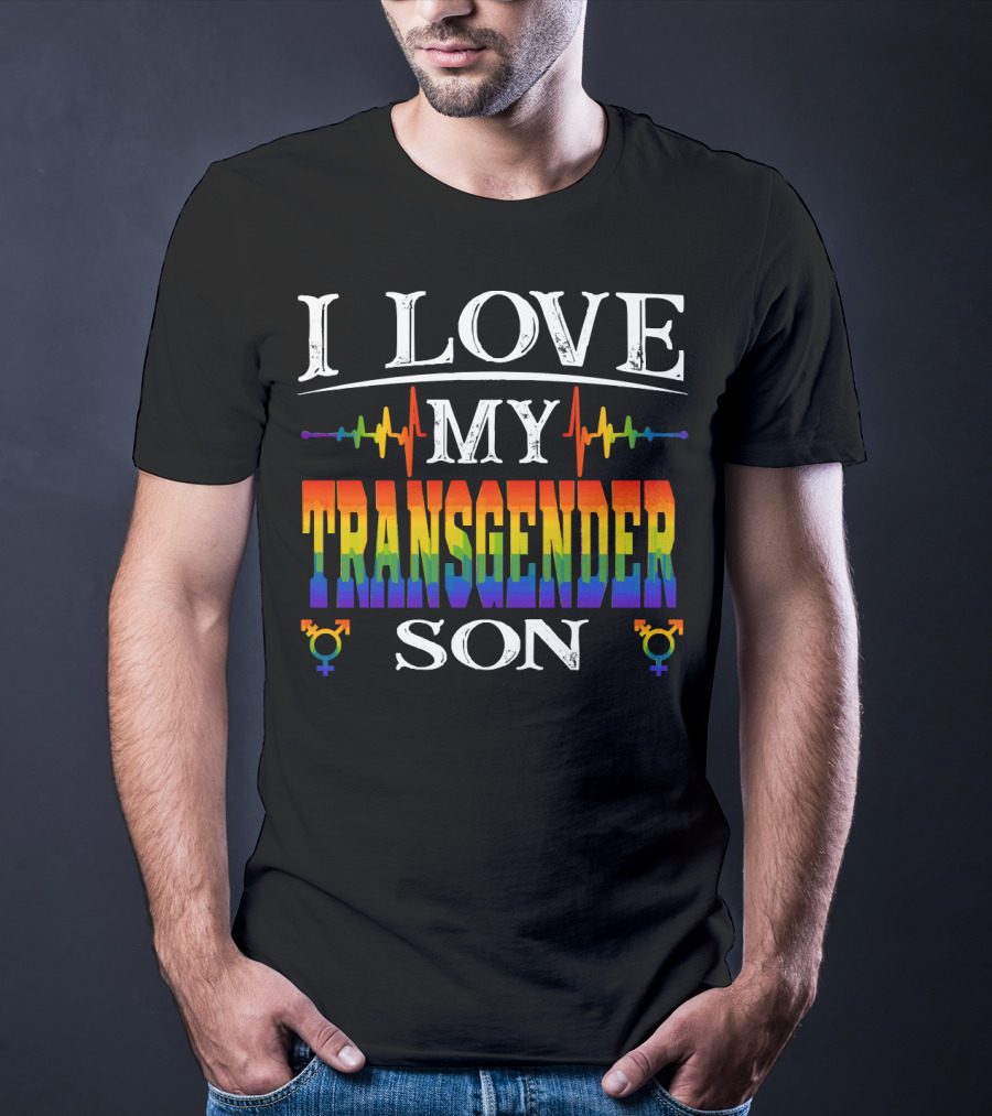 I Love My Transgender Son Rainbow Pride Heartbeat T-Shirt