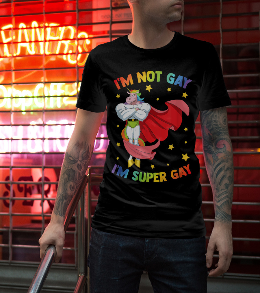 I'm Not Gay I'm Super Gay Colorful Unicorn With Cape And Stars T-Shirt