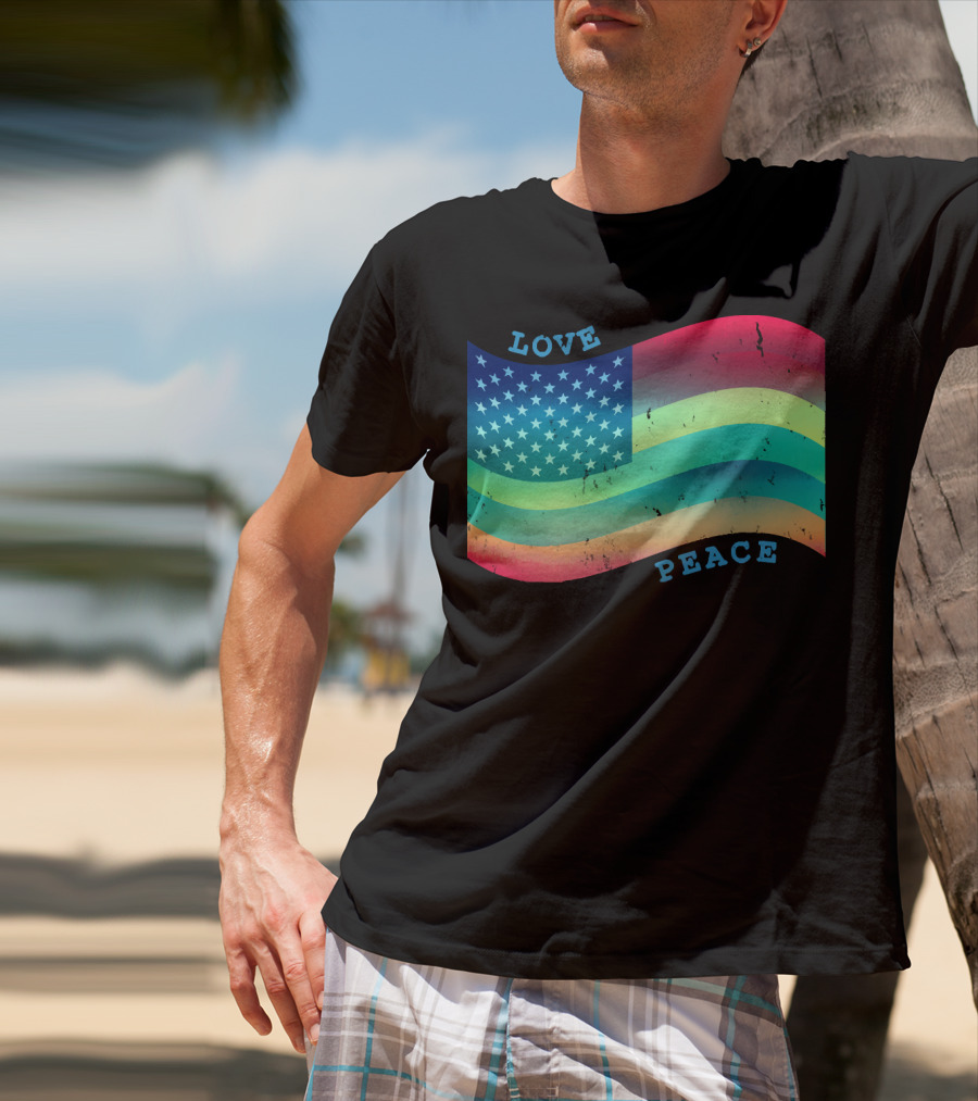 Love Peace Pride Rainbow American Flag T-Shirt