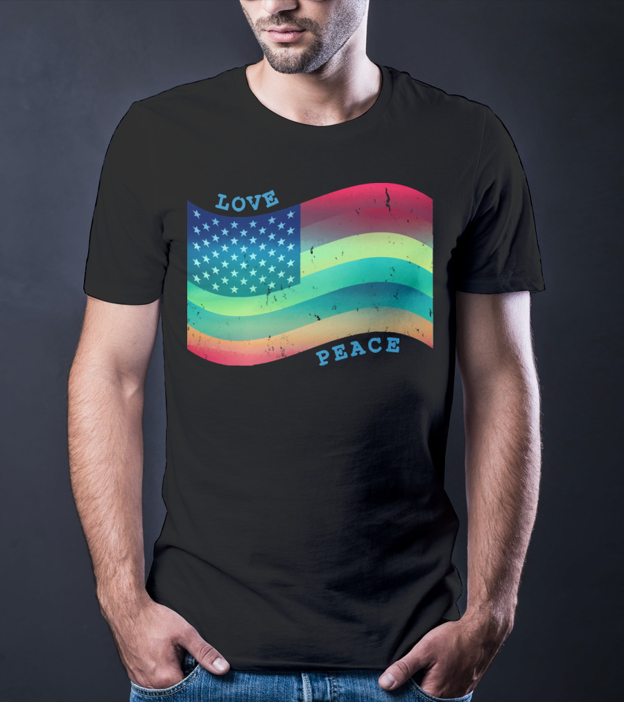 Love Peace Pride Rainbow American Flag T-Shirt