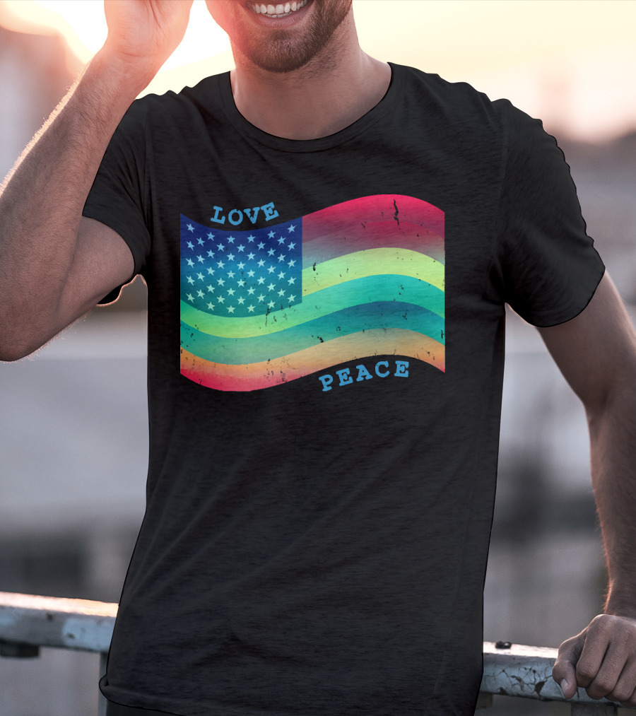 Love Peace Pride Rainbow American Flag T-Shirt