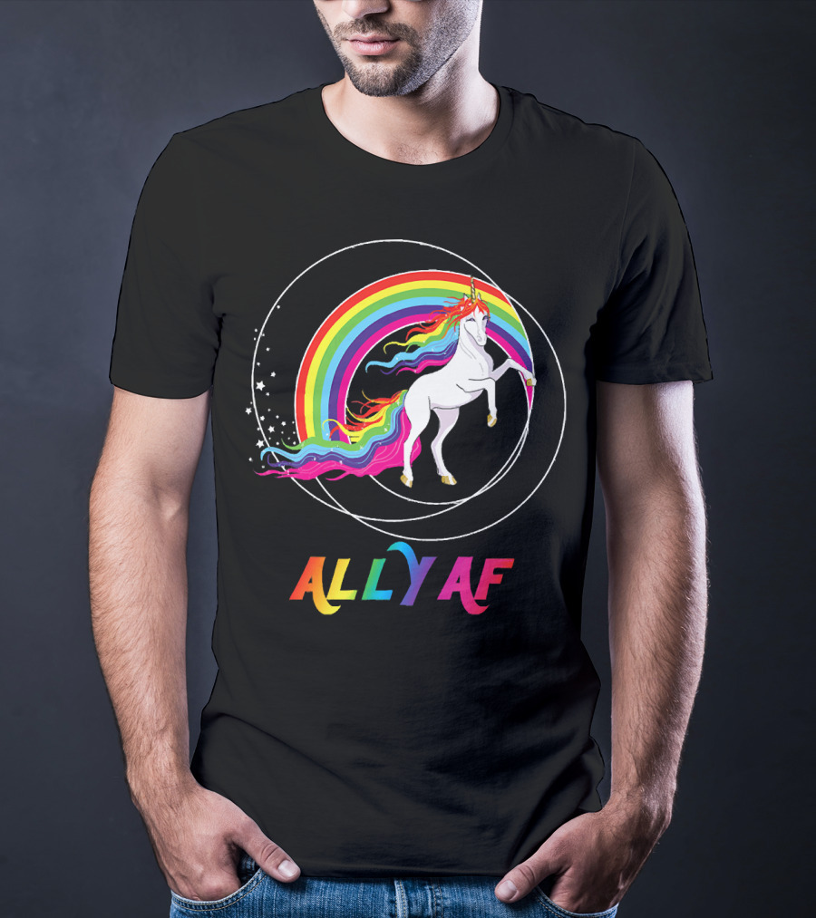 Rainbow Pride Ally AF Unicorn With Rainbow Pride Flag Colors T-Shirt