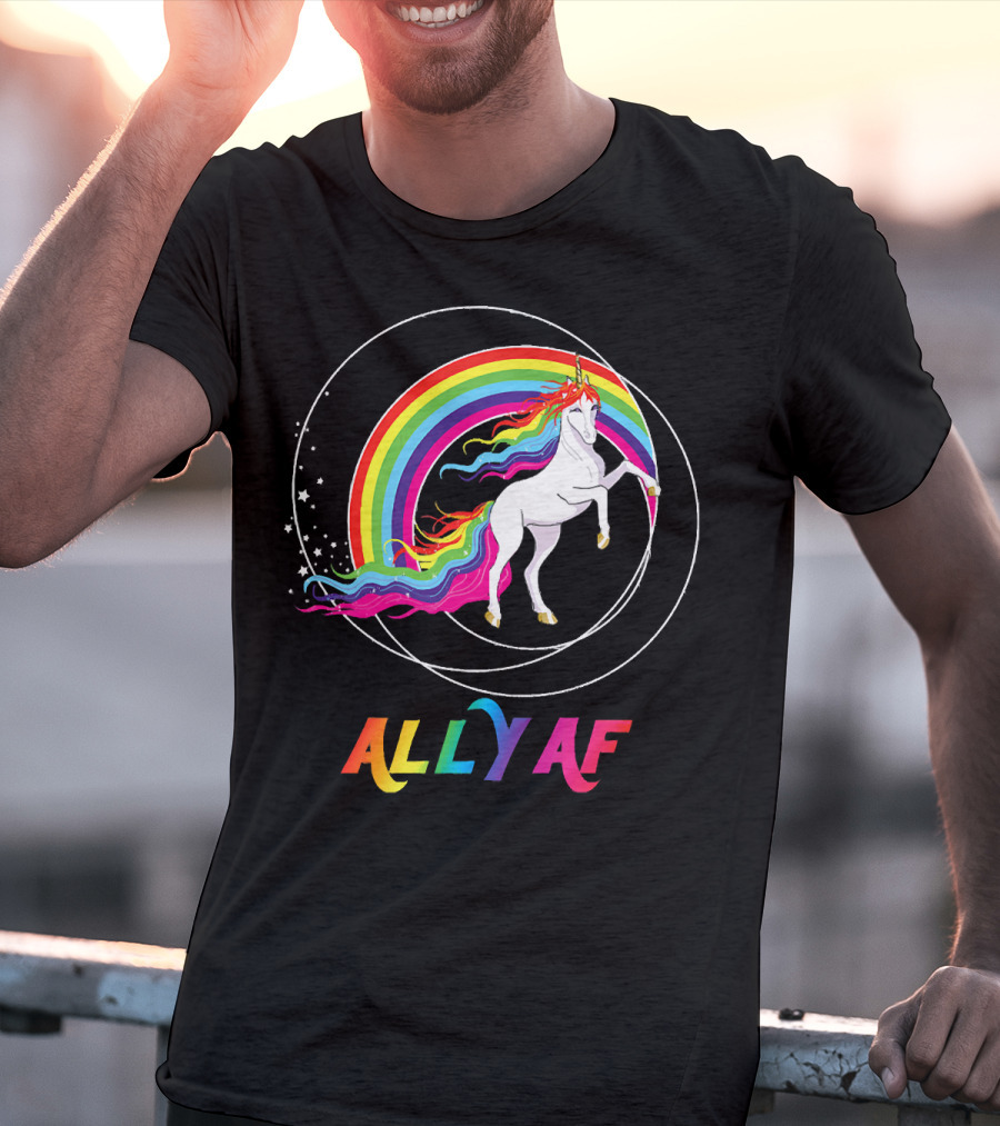 Rainbow Pride Ally AF Unicorn With Rainbow Pride Flag Colors T-Shirt