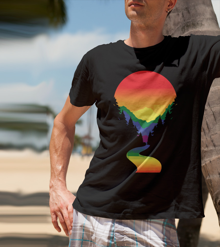 Rainbow Pride Sunset Silhouette Mountains Forest Pathway T-Shirt