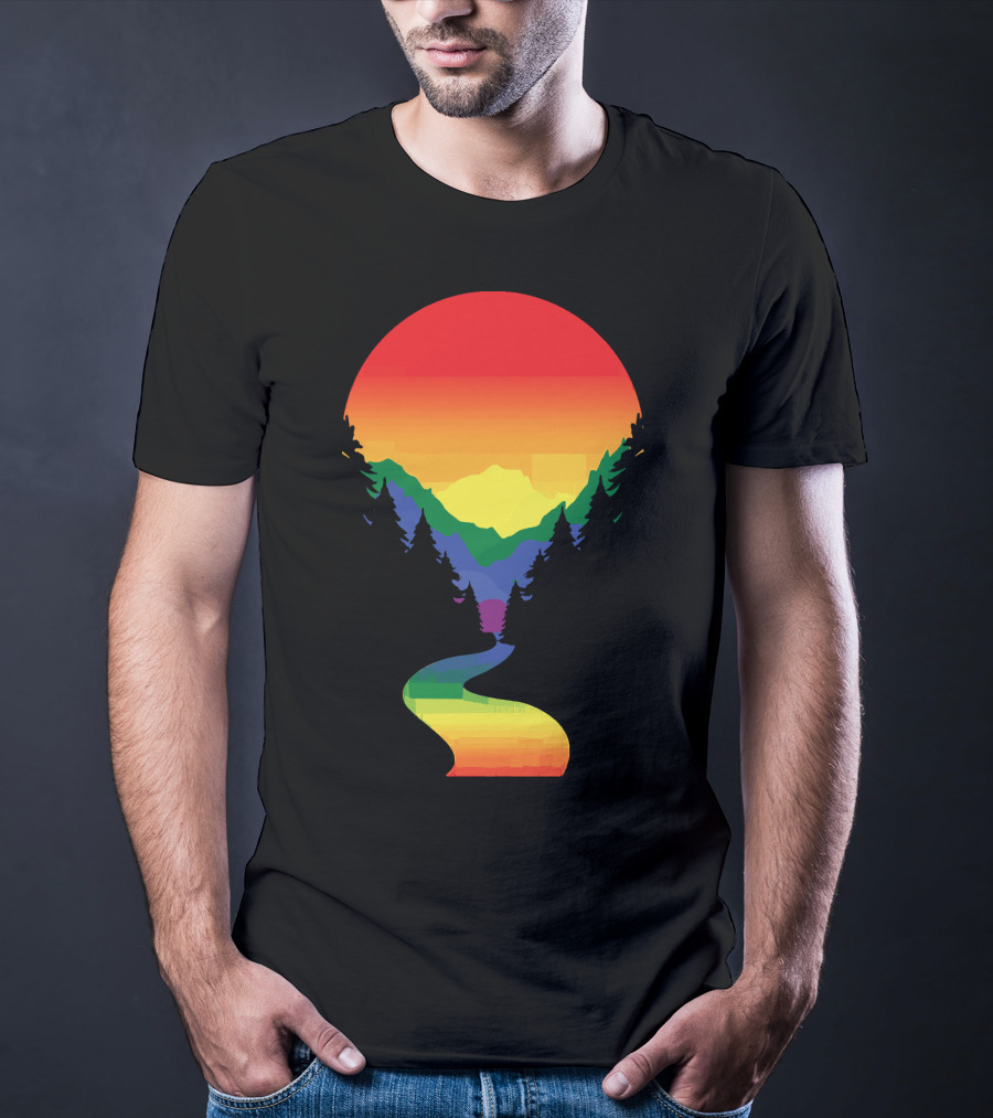 Rainbow Pride Sunset Silhouette Mountains Forest Pathway T-Shirt