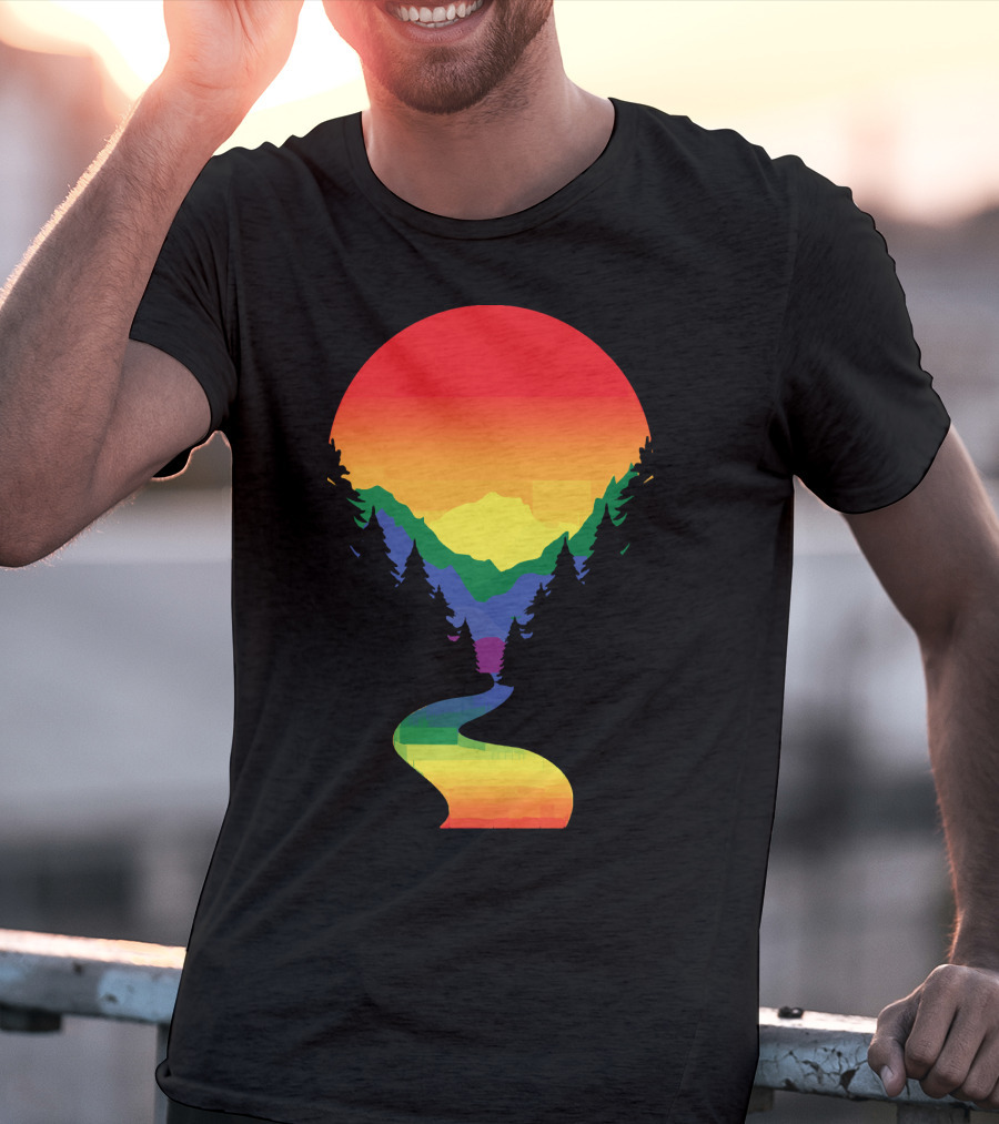 Rainbow Pride Sunset Silhouette Mountains Forest Pathway T-Shirt