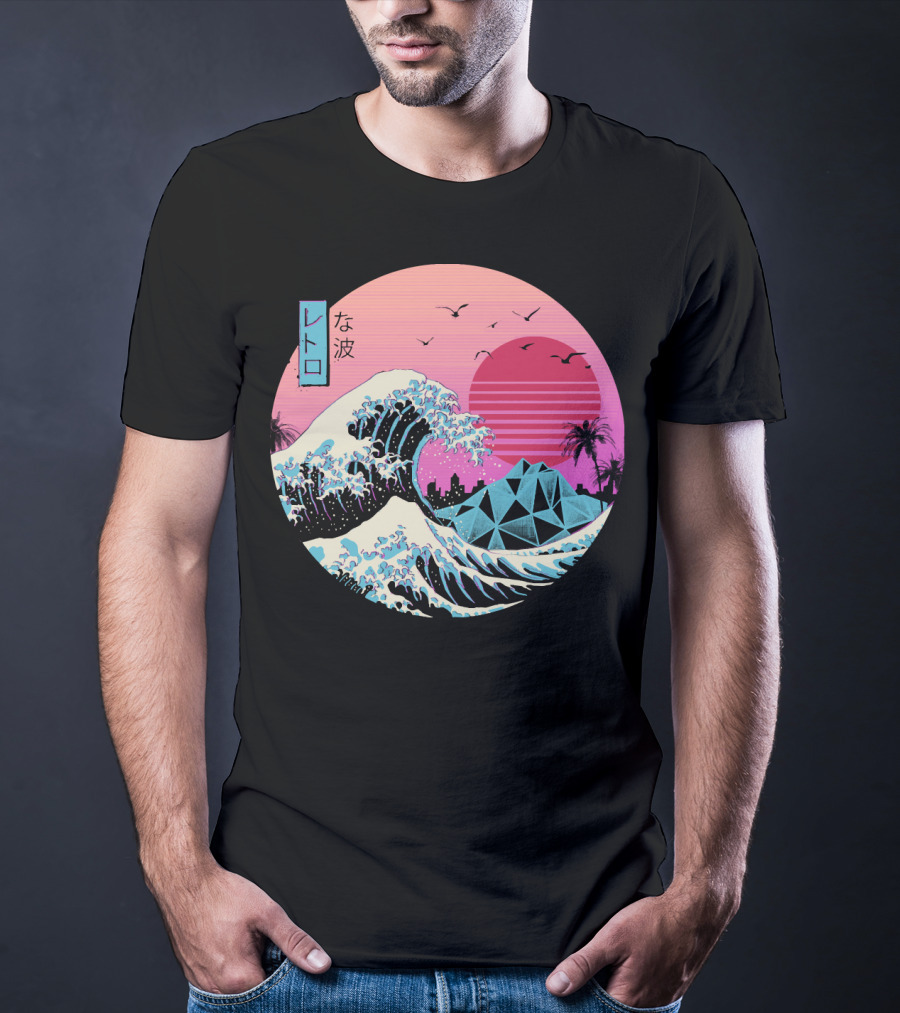 Retro Wave: The Great Sunset Surf With Palm Trees And Geometric Mountains T-Shirt