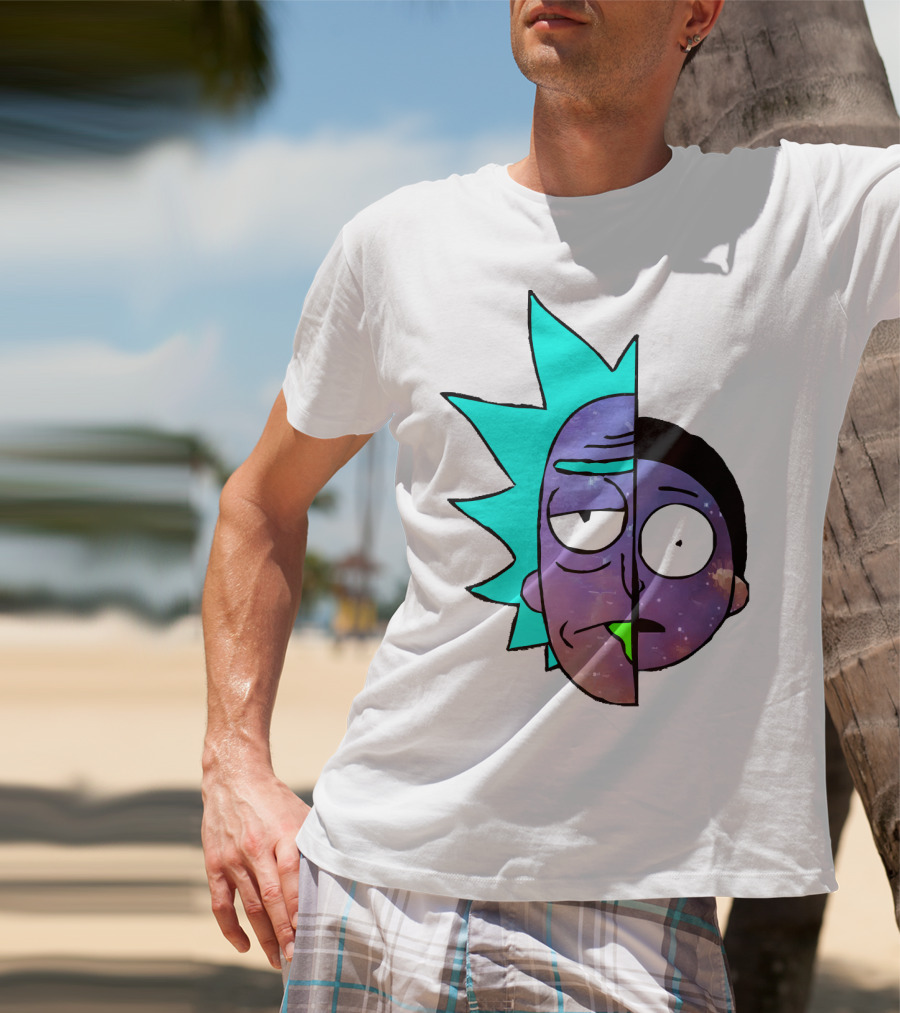 Galactic Rick And Morty Faces Cosmic Split Large T-Shirt