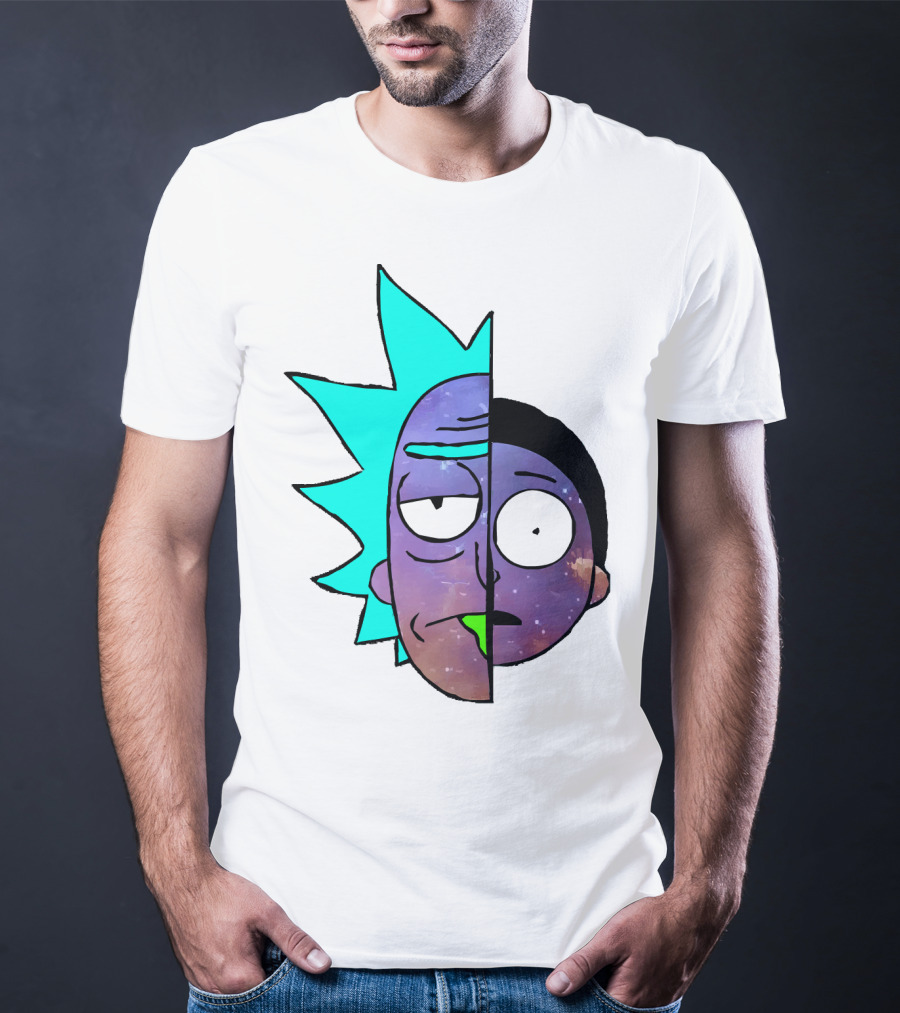 Galactic Rick And Morty Faces Cosmic Split Large T-Shirt