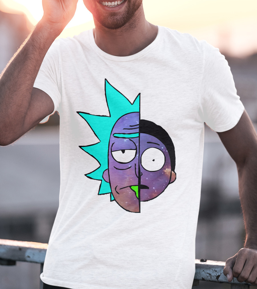 Galactic Rick And Morty Faces Cosmic Split Large T-Shirt
