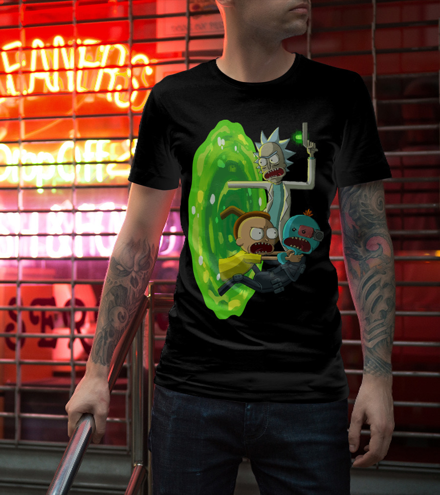 Rick And Morty Portal Escape With Meeseeks Cyborg Adventure T-Shirt