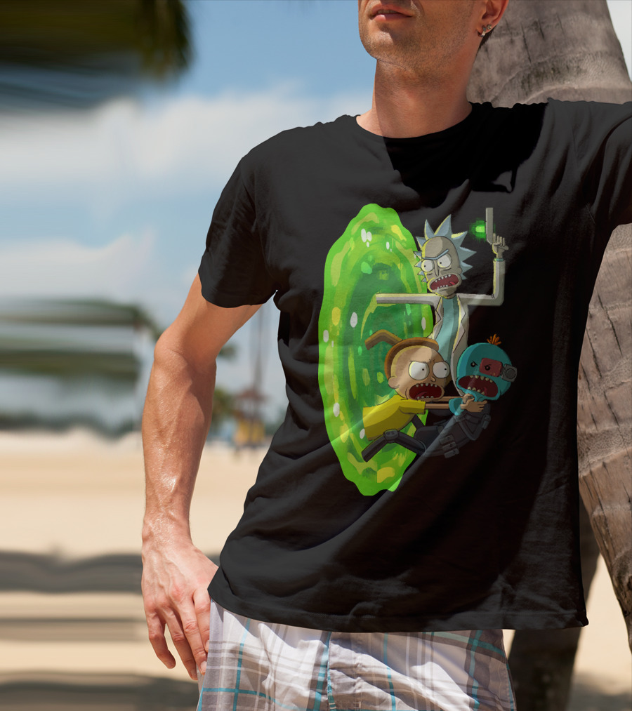 Rick And Morty Portal Escape With Meeseeks Cyborg Adventure T-Shirt