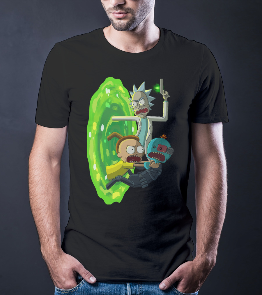 Rick And Morty Portal Escape With Meeseeks Cyborg Adventure T-Shirt