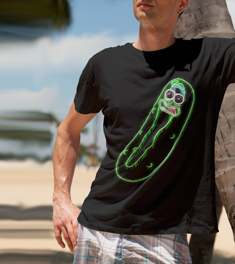 Neon Pickle Rick Left Pocket Glowing Expression T-Shirt