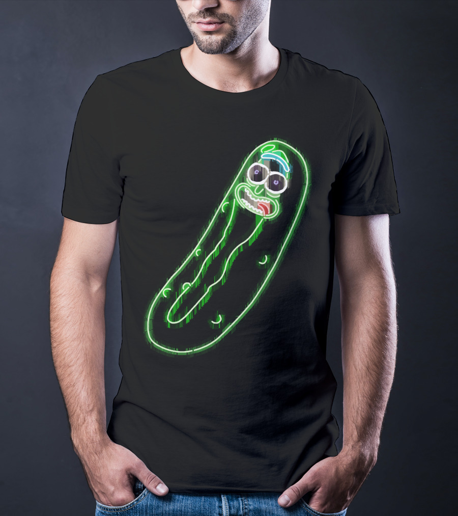 Neon Pickle Rick Left Pocket Glowing Expression T-Shirt