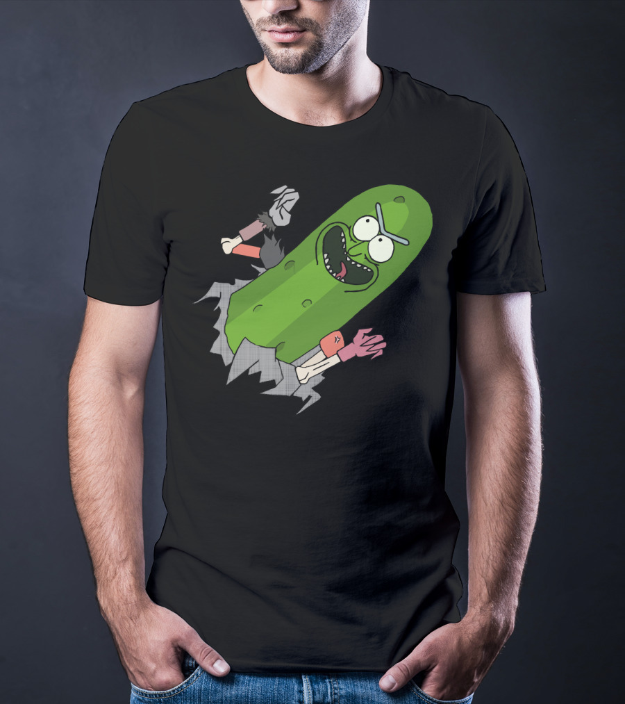 Pickle Rick Breaking Through Punching Action T-Shirt