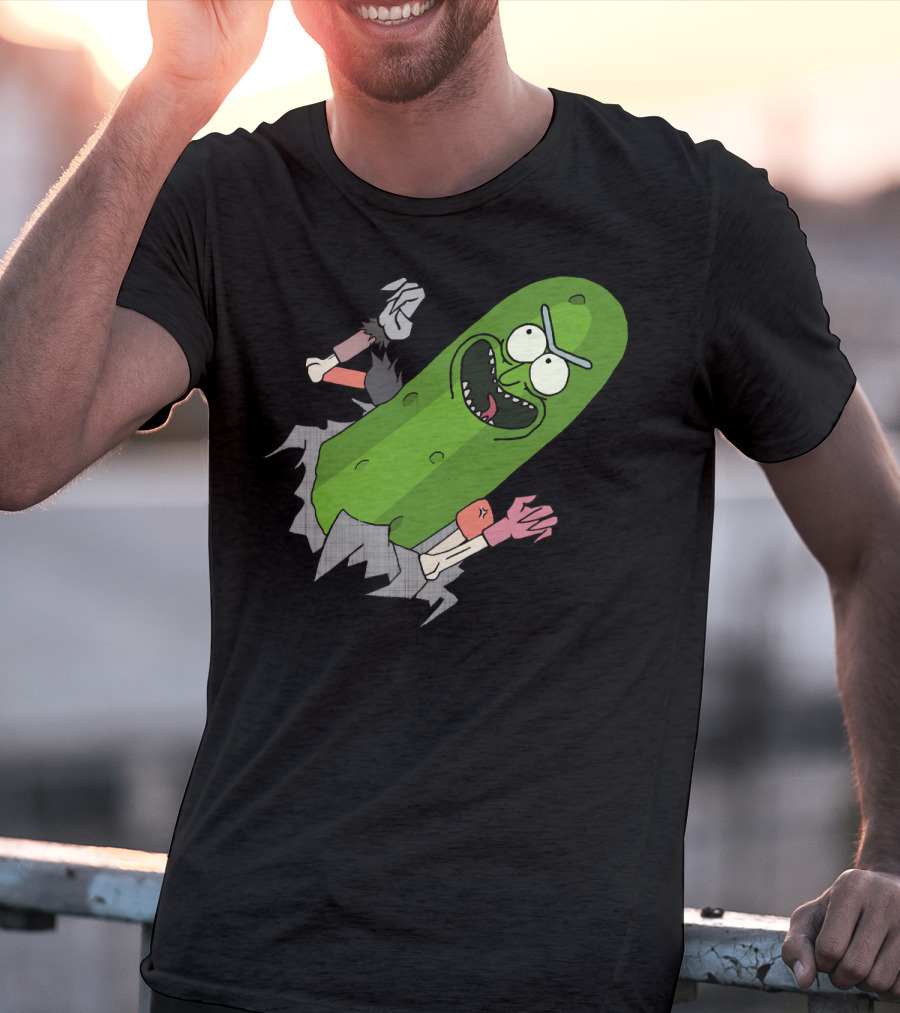 Pickle Rick Breaking Through Punching Action T-Shirt