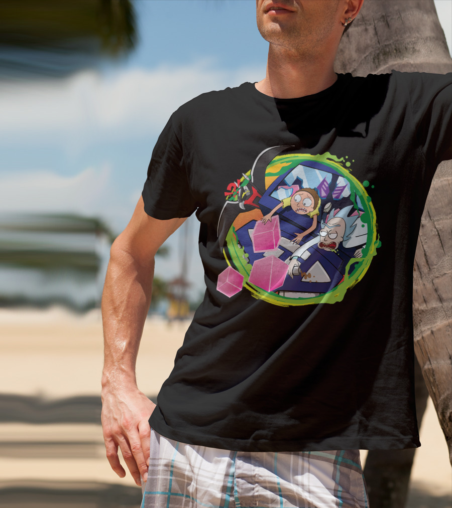 Rick And Morty In Cyber Portal Adventure With Pink Cubes And Alien Figures T-Shirt