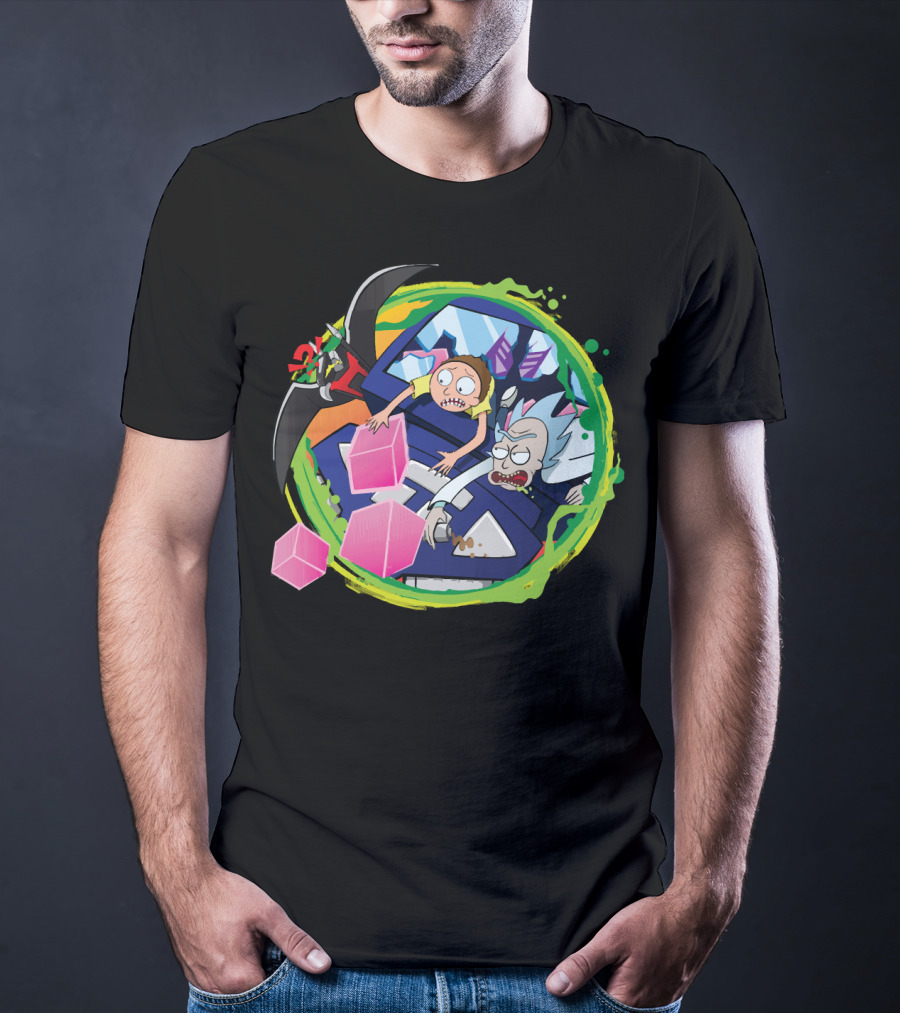 Rick And Morty In Cyber Portal Adventure With Pink Cubes And Alien Figures T-Shirt