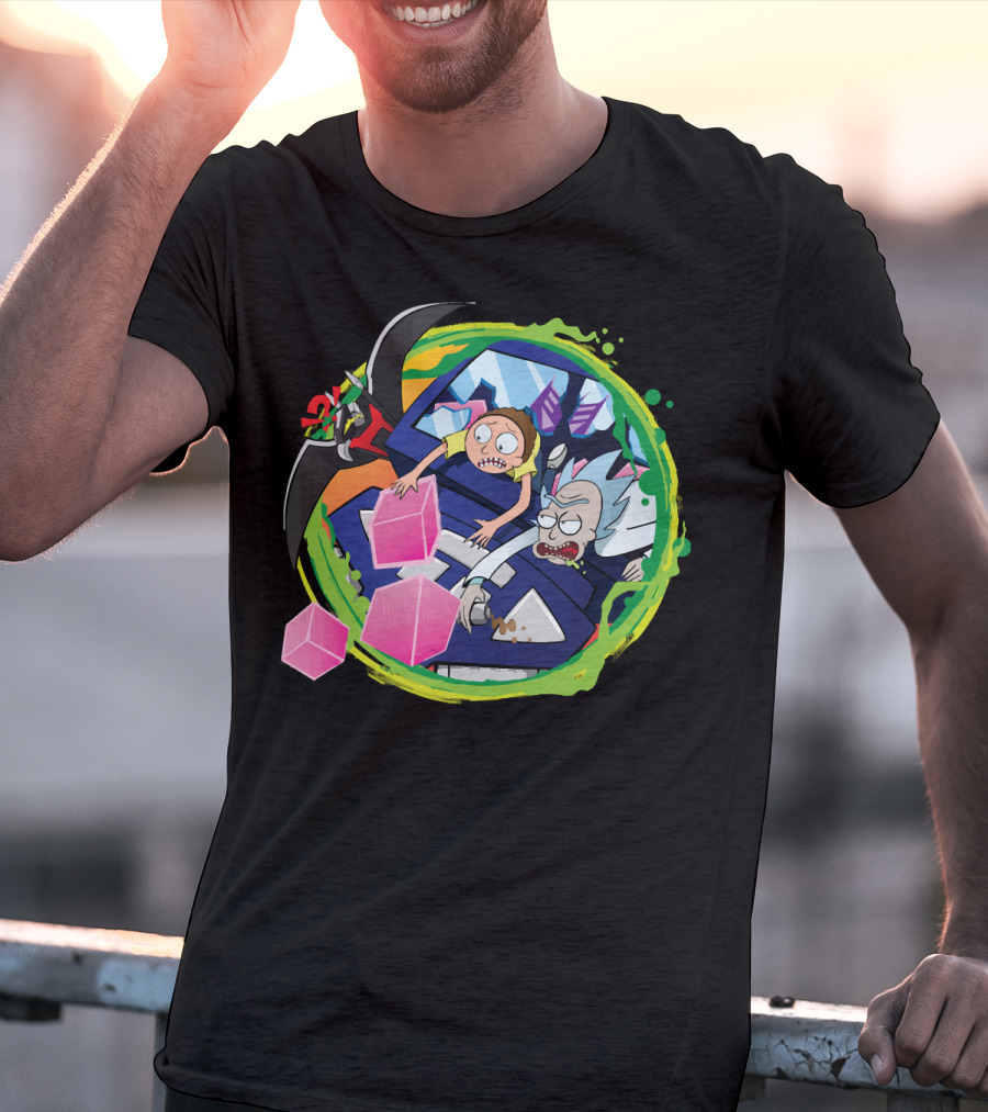 Rick And Morty In Cyber Portal Adventure With Pink Cubes And Alien Figures T-Shirt