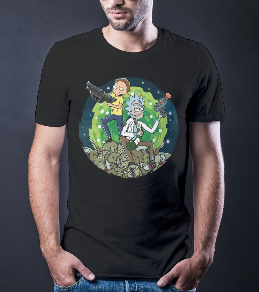 Rick And Morty Battle Against The Gromflomites In Outer Space Adventure Background T-Shirt
