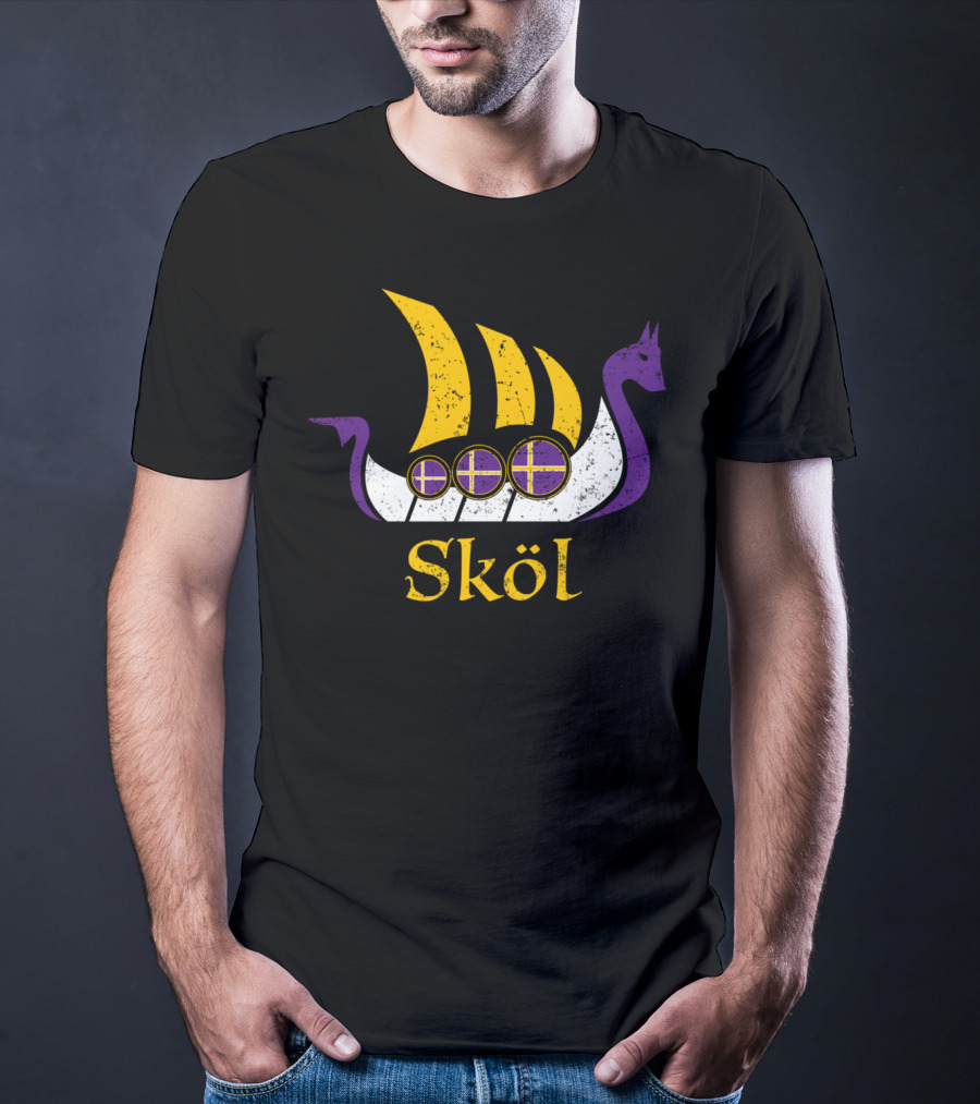 Skol Nordic Scandinavian Vikings Boat With Purple And Yellow Dragon Head T-Shirt