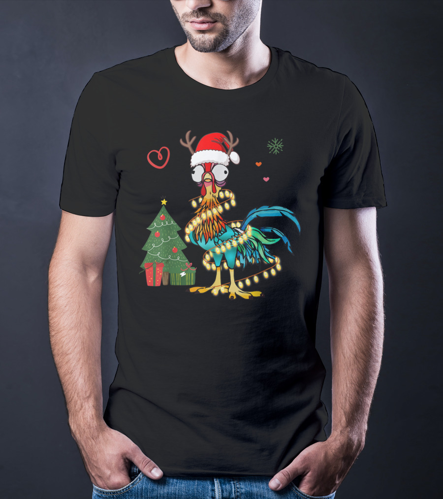 Chicken Reindeer Christmas Lights Santa Hat Christmas Tree T-Shirt