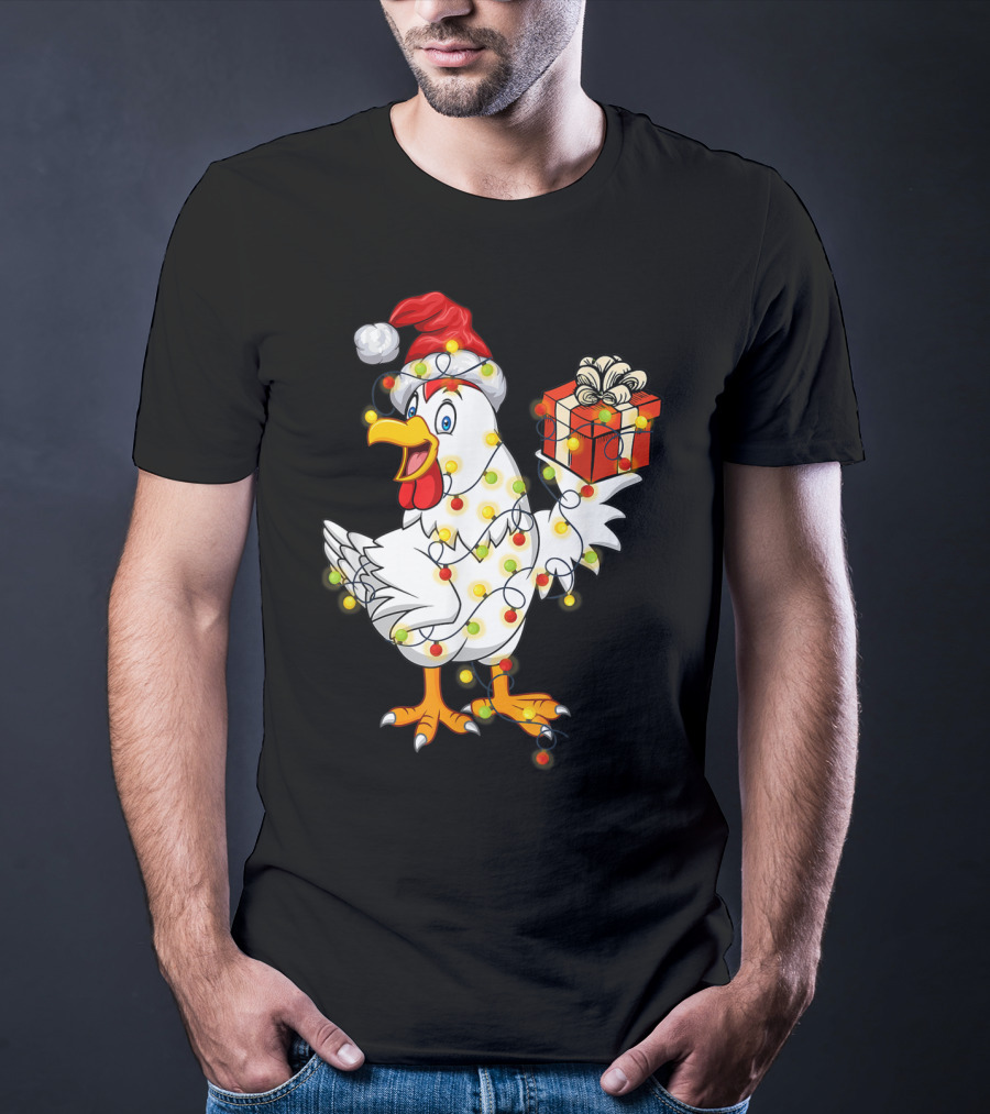 Funny Chicken Wrapped In Christmas Lights With Santa Hat And Gift T-Shirt