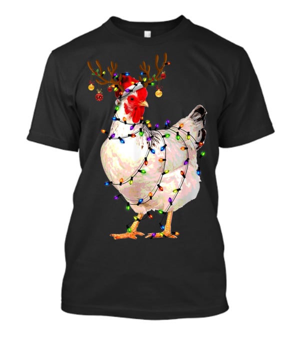 Funny Chicken Wearing Reindeer Antlers And Christmas Lights T-Shirt