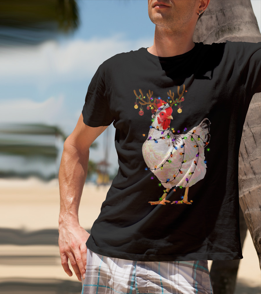 Funny Chicken Wearing Reindeer Antlers And Christmas Lights T-Shirt