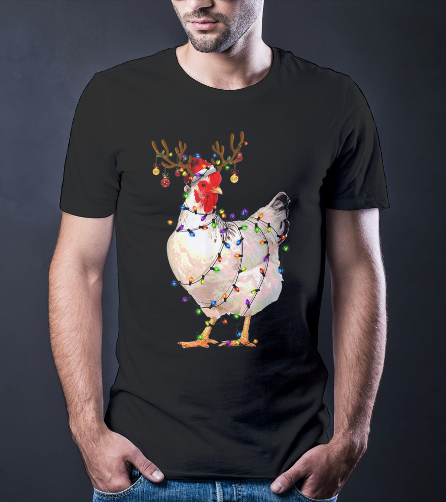 Funny Chicken Wearing Reindeer Antlers And Christmas Lights T-Shirt