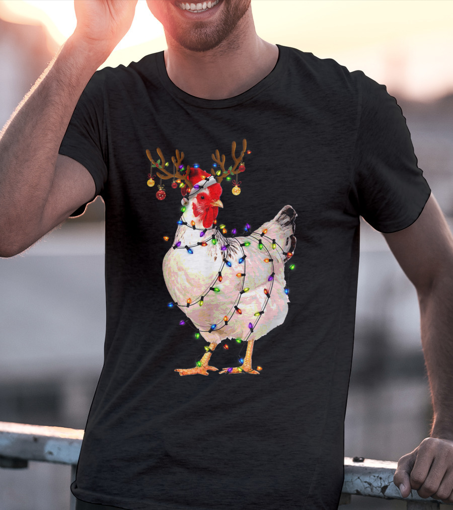 Funny Chicken Wearing Reindeer Antlers And Christmas Lights T-Shirt