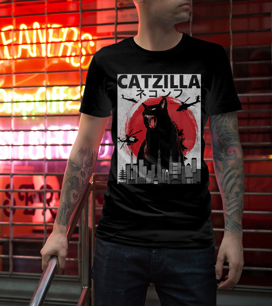 Catzilla Japanese Sunset Helicopters Cityscape Skyscraper Tower T-Shirt