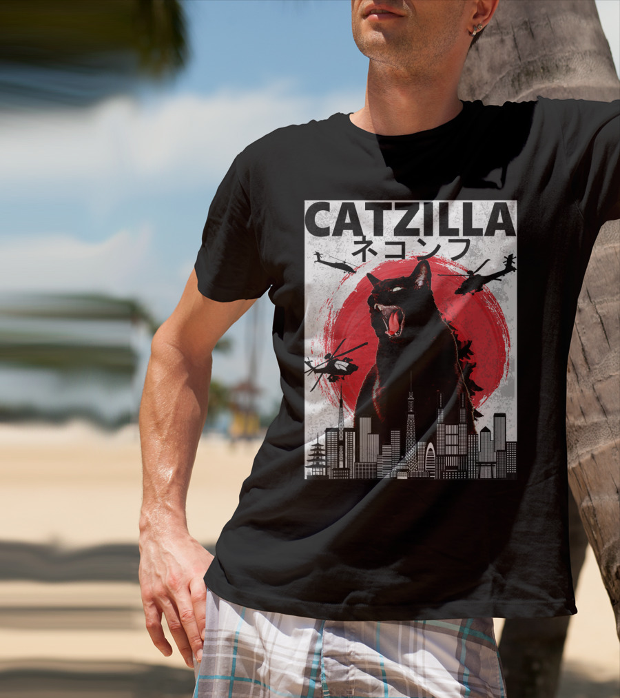 Catzilla Japanese Sunset Helicopters Cityscape Skyscraper Tower T-Shirt