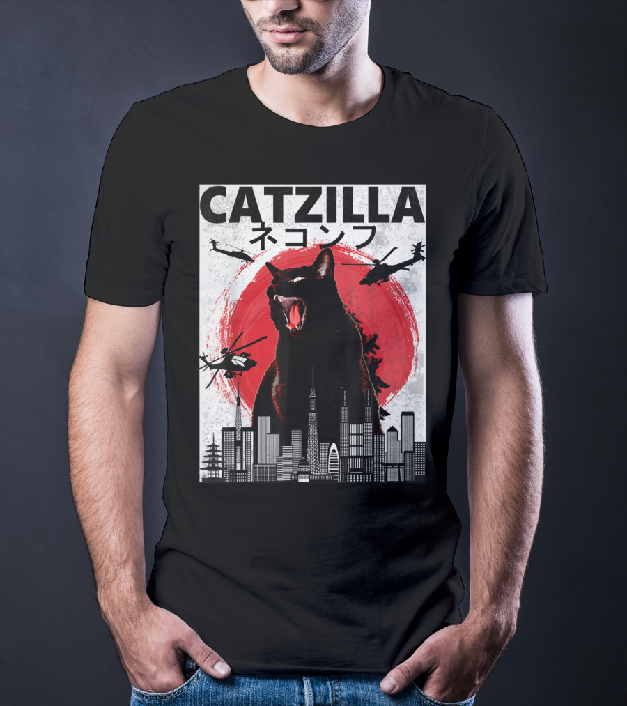Catzilla Japanese Sunset Helicopters Cityscape Skyscraper Tower T-Shirt