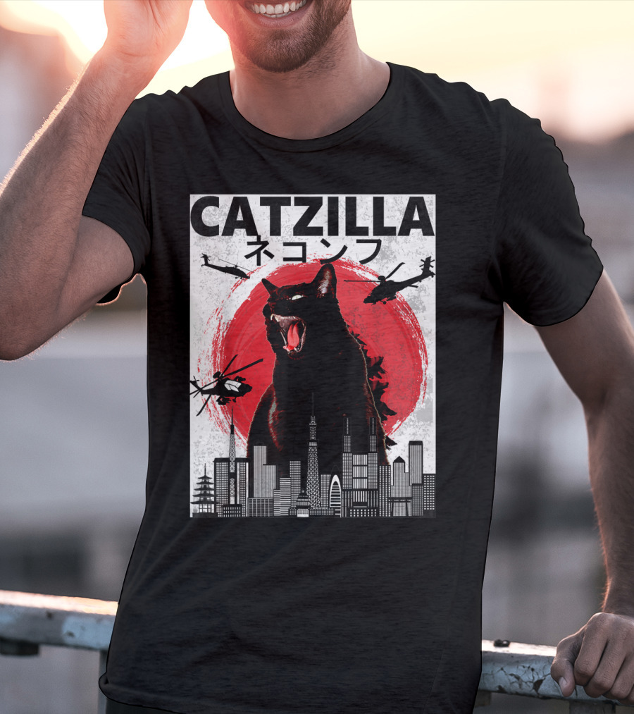 Catzilla Japanese Sunset Helicopters Cityscape Skyscraper Tower T-Shirt