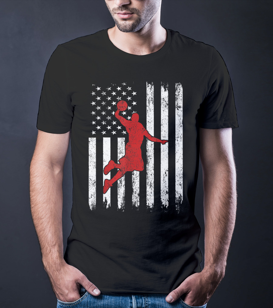 Proud American Basketball Vintage Flag Dunking T-Shirt