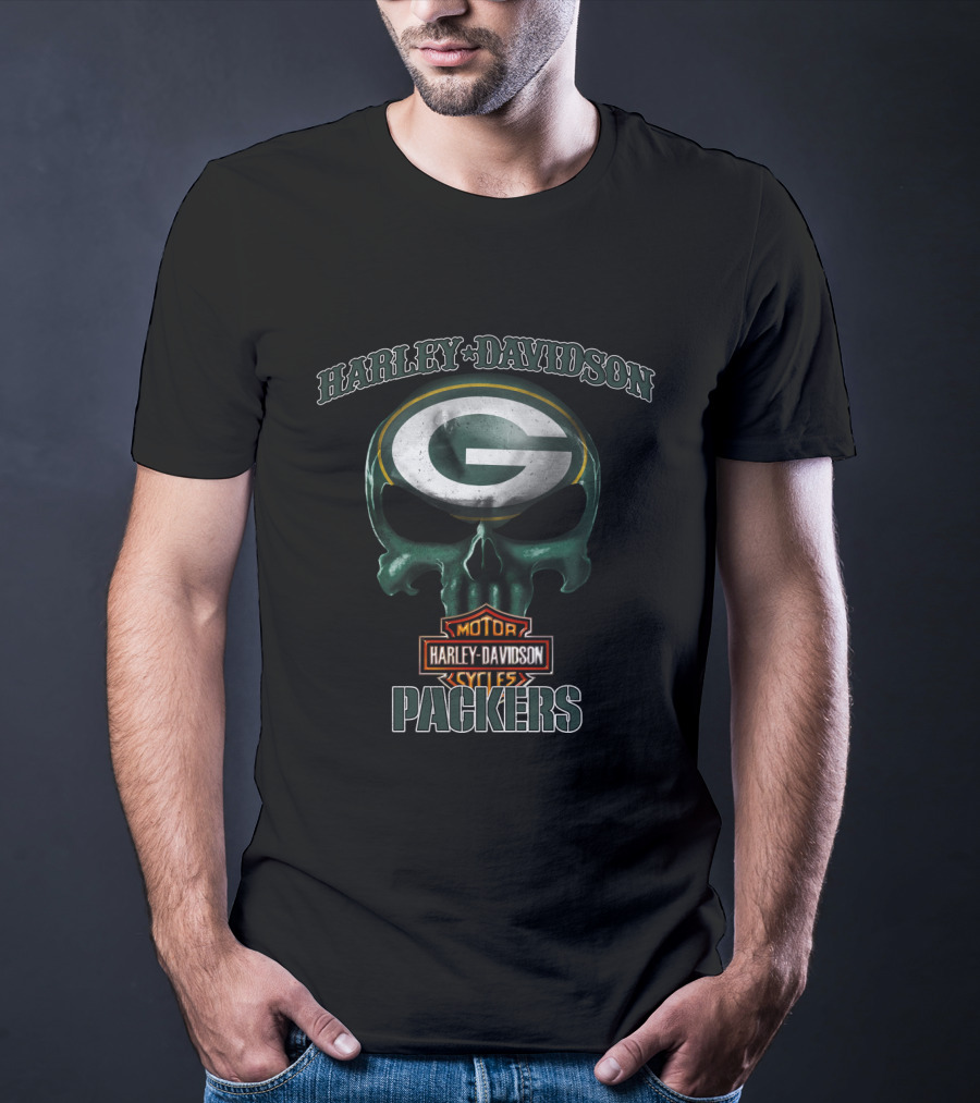 Harley Davidson Skull Green Bay Packers Nfl Motor Cycles T-Shirt