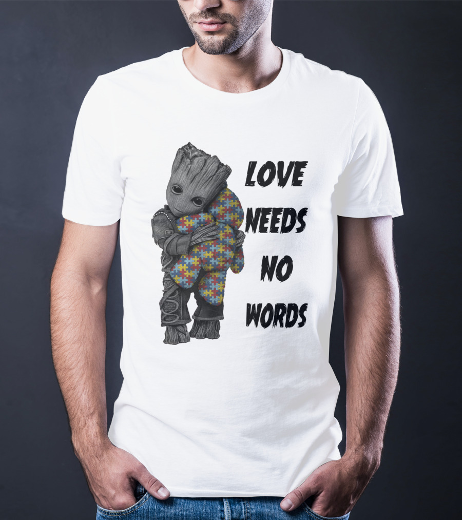 Love Needs No Words Groot Hugging Puzzle Piece Autism Awareness T-Shirt